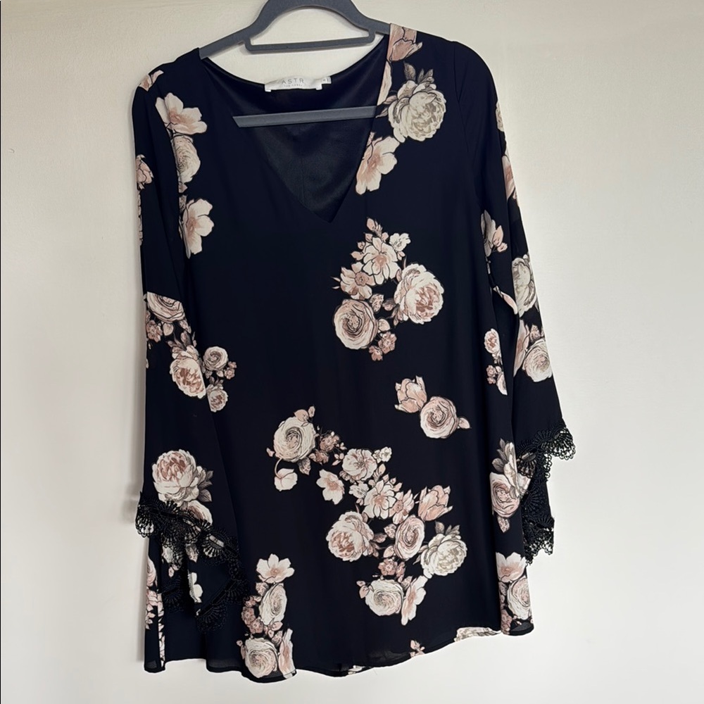 Floral Black Blouse with Lace Trim